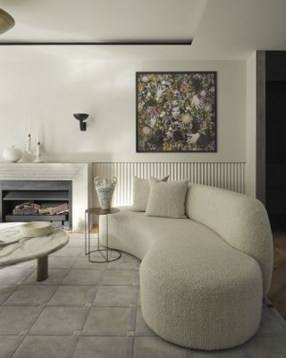 Grey living room with boucle sofa