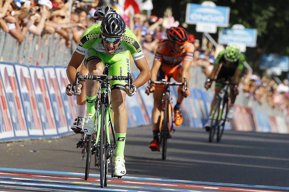 Nicola Boem crosses the finish line to win the 10th stage of the 98th Giro d'Italia.