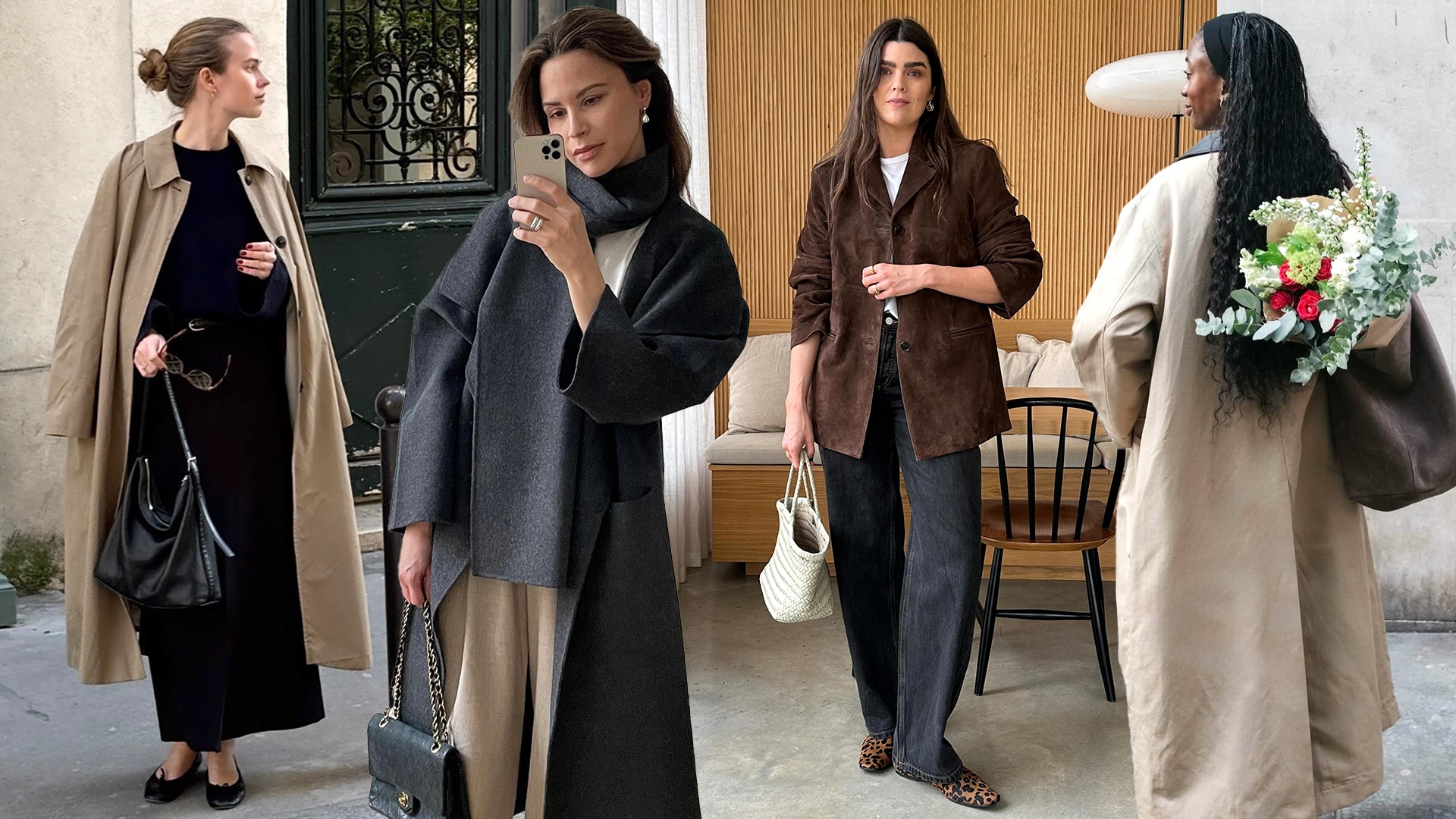 fashion collage featuring 4 European influencers including Clara Dyrhauge, Johanna Piispa, Anna Howard, and Liv Madeline wearing chic outfits with pieces like trench coats, flats, a scarf coat, jeans, and more