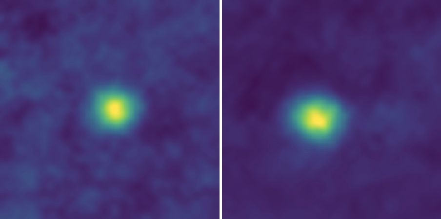 The New Horizons spacecraft&#039;s imager (called the Long Range Reconnaissance Imager) captured these false-color images in December 2017 of Kuiper Belt Objects 2012 HZ84 (left) and 2012 HE85. These are, for now, the farthest images from Earth ever captured b