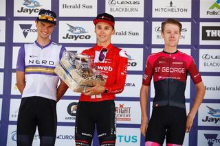 The podium for stage 4 of the 2020 Herald Sun Tour: Third-placed Jay Vine (Nero Continental), winner Jai Hindley (Sunweb) and second-placed Sebastian Berwick (St George Continental)
