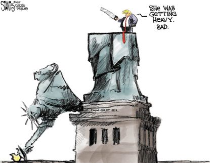 Political cartoon U.S. Trump Statue of Liberty immigration ban