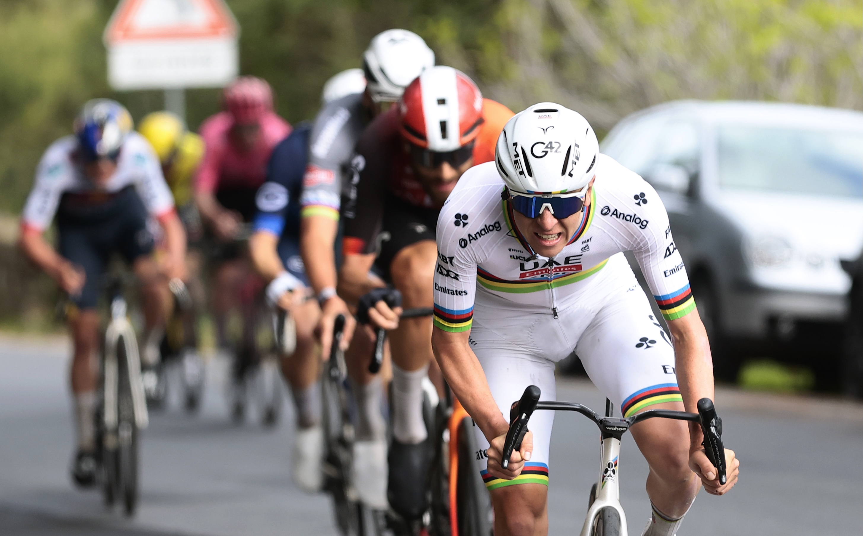 SANREMO, ITALY - MARCH 22: Tadej Pogacar of Slovenia and Team UAE Team Emirates competes during the 116th Milano-Sanremo 2025 a 289km one day race from Pavia to Sanremo / #UCIWT / on March 22, 2025 in Sanremo, Italy. (Photo by Luca Bettini - Pool/Getty Images)