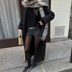 @annelauremais winter outfit shorts and tights with a coat, scarf, and layers