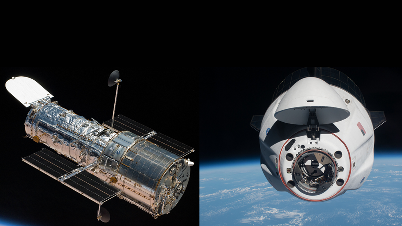 Dwa zdjęcia obok siebie.  Jeden pochodzi z Kosmicznego Teleskopu Hubble'a w kosmosie z wysuniętą anteną i otwartą klapą.  Drugi to smoczy statek kosmiczny z otwartą klapą lecący nad Ziemią