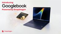 A Googlebook laptop beside graphic of a Snapdragon X Elite chip