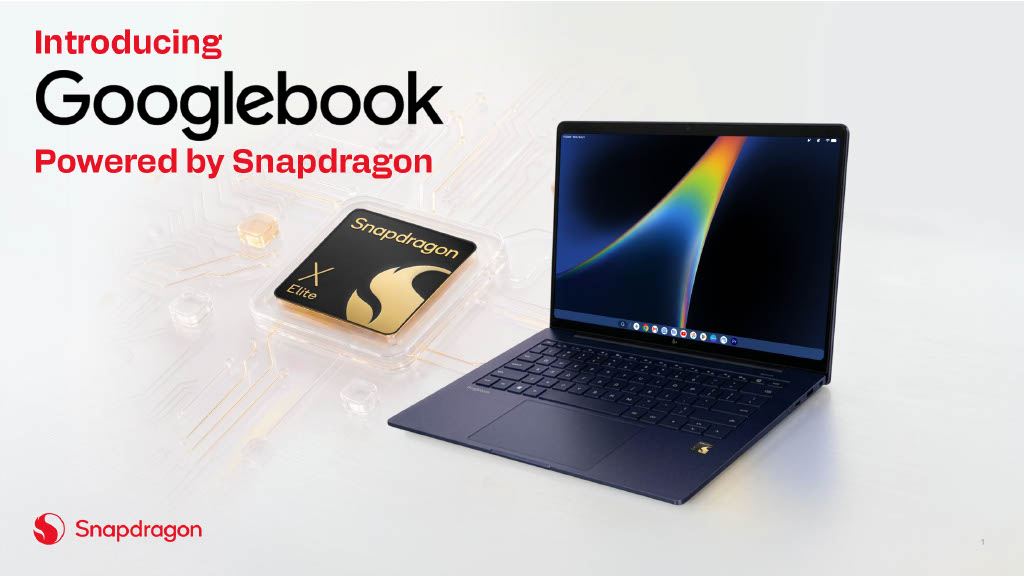 A Googlebook laptop beside graphic of a Snapdragon X Elite chip