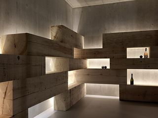 Adorned with rough-hewn wood blocks, the cellar is the most decorative feature
