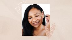 Image of woman holding a skincare dropper up to her face against a beige background with a polka dot and leaf motif in each corner