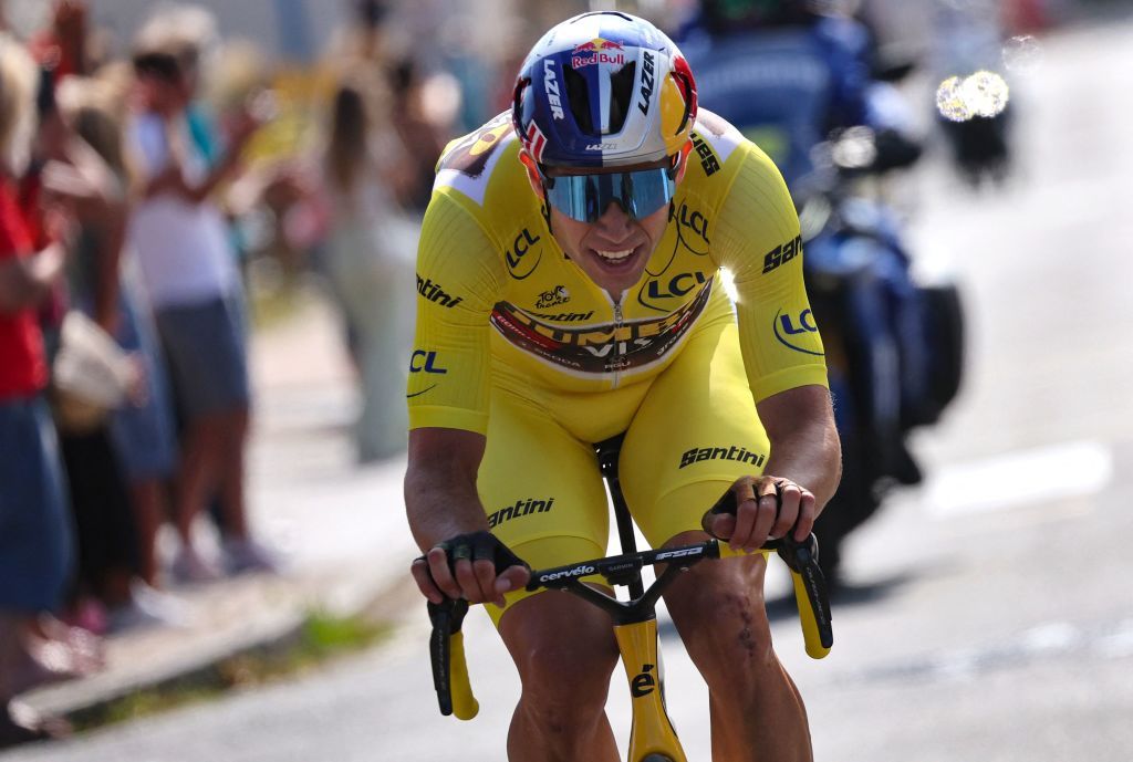 JumboVisma teams Belgian rider Wout Van Aert wearing the overall leaders yellow jersey cycles in a breakaway in the final kilometers of the 4th stage of the 109th edition of the Tour de France cycling race 1715 km between Dunkirk and Calais in northern France on July 5 2022 Photo by Thomas SAMSON AFP Photo by THOMAS SAMSONAFP via Getty Images