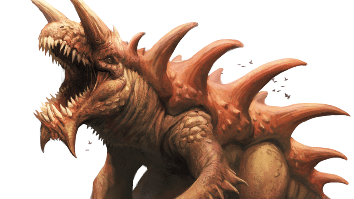 Art of D&amp;D&#039;s tarrasque, a gargantuan monster from the Player&#039;s Handbook - large enough to dwarf flocks of birds.