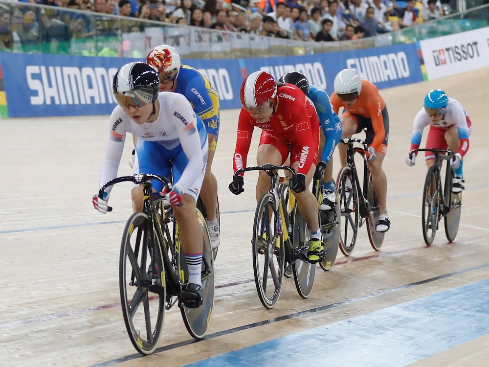 Shuang Guo of China competes in the Women's Keirin Final on Day 5 in 2017 UCI Track Cycling World Championships