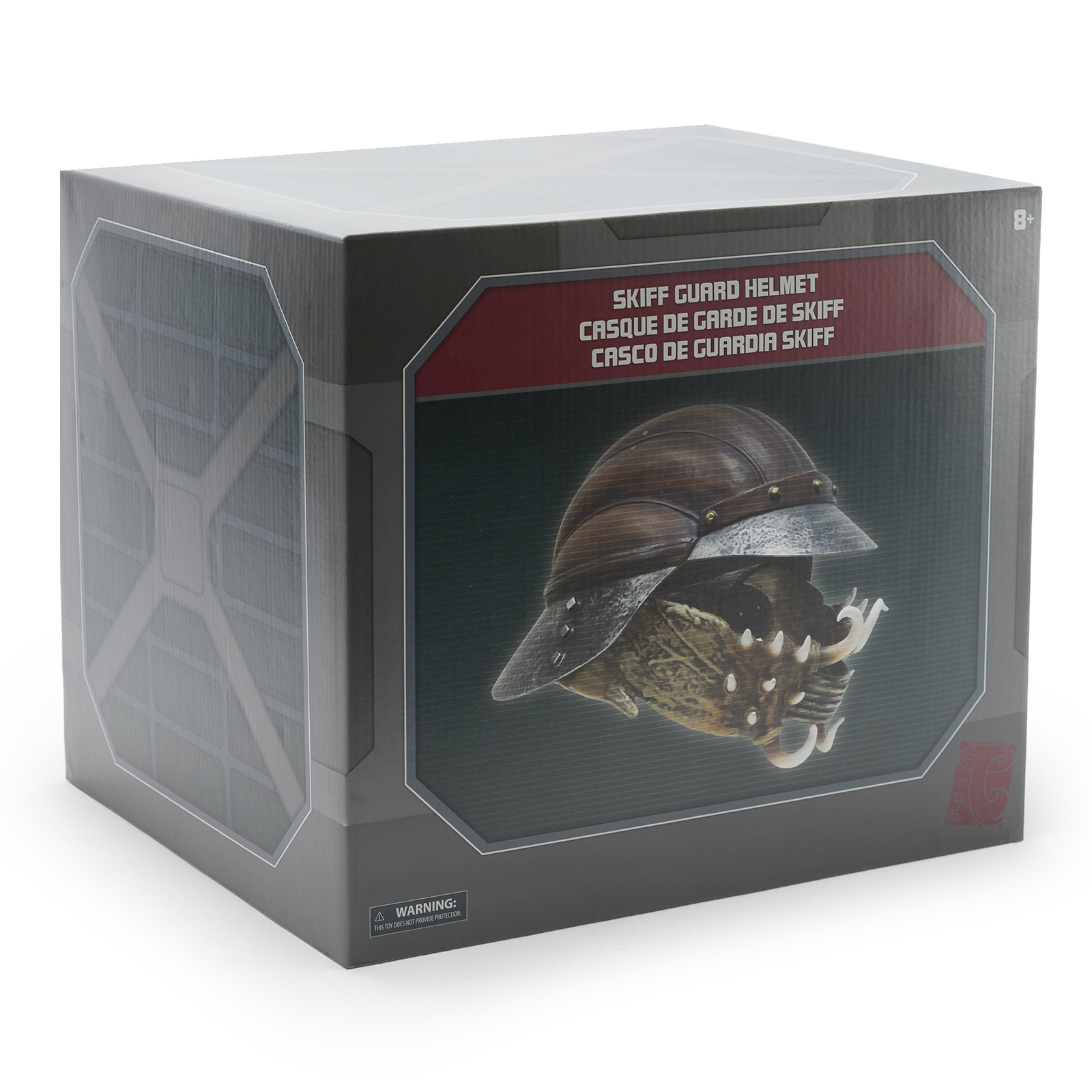 An angled image of the front and side of the Lando Calrissian's Skiff Guard Helmet collectable box