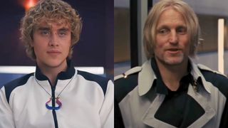 Right: Joseph Zada as Haymitch in Sunrise on the Reaping. Left: Woody Harrelson as Haymitch in The Hunger Games.