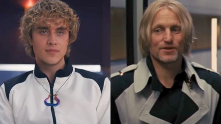 Right: Joseph Zada as Haymitch in Sunrise on the Reaping. Left: Woody Harrelson as Haymitch in The Hunger Games.