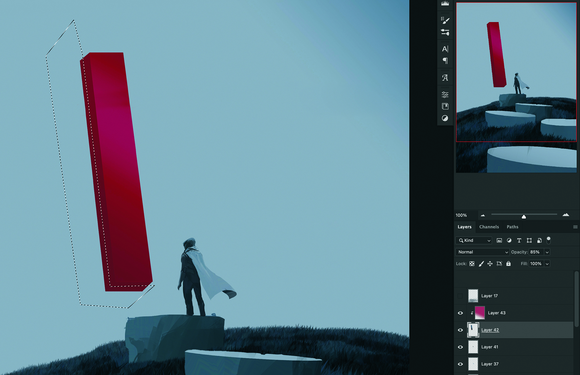 Part of the process of making digital art in Photoshop. The artwork shows a lone figure in a surreal dreamscape