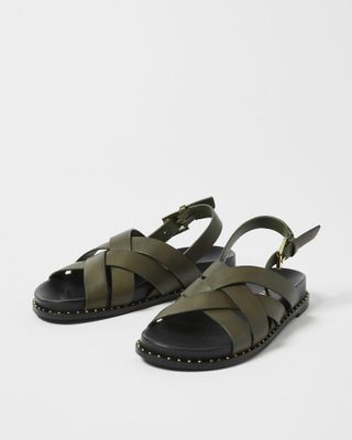 Cross Over Weave Studded Green Leather Sandals | Oliver Bonas