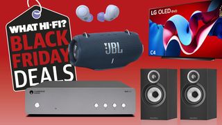 Speaker, TV, hi-fi amplifier, headphones on red baclground with Black Friday deals banner