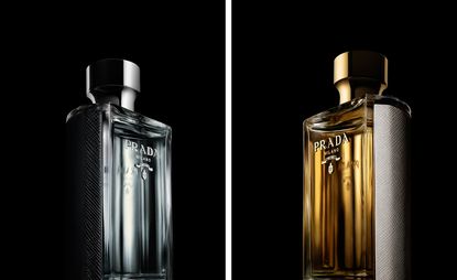 Two side-by-side photos of ’L’Homme Prada’ and ’La Femme Prada’ fragrances against a black background - one bottle has a silver cap and interior and the other bottle has a gold cap and interior