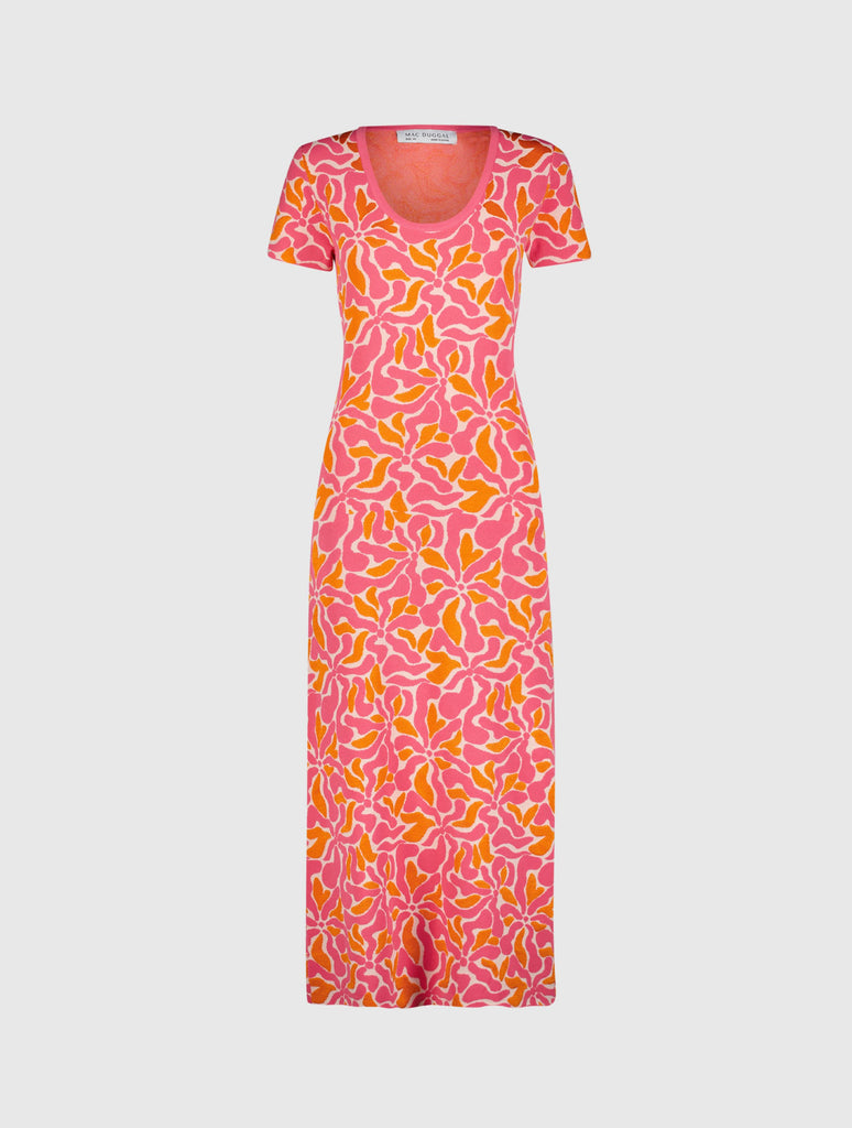 Short Sleeve Scoop Neck Floral Knit Maxi Dress