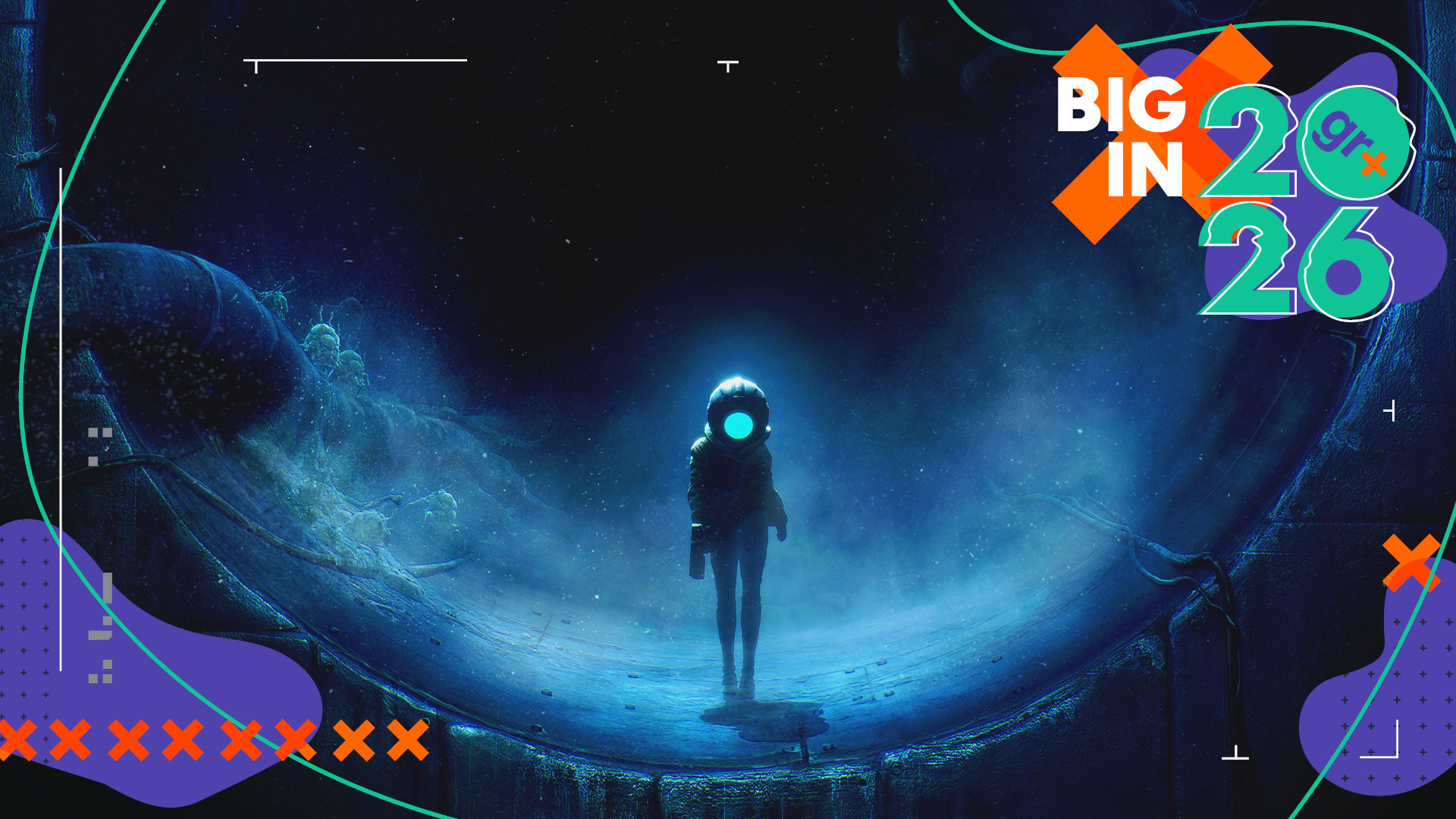 Key art for End of Abyss showing a small figure wearing a diving suit in a dark, ominous pipe with swirling blue dust - with the GamesRadar+ Big in 2026 frame
