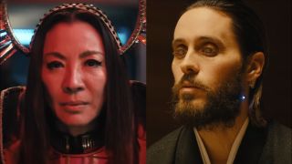 Michelle Yeoh sits bathed in red light in Star Trek: Discovery, and Jared Leto sits bathed in yellow light with glowing eyes in Blade Runner 2049, pictured side by side.