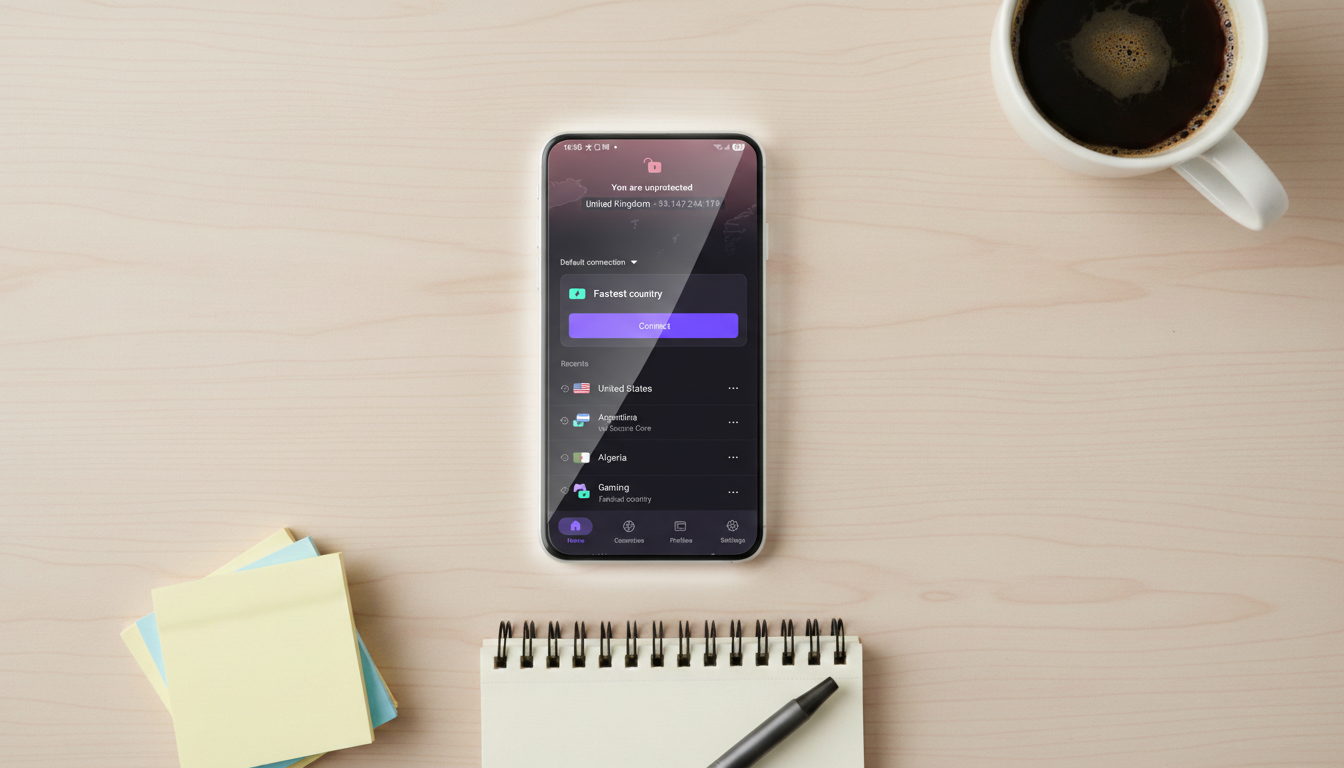 Proton VPN home screen on mobile on a desk
