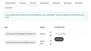 A screenshot of Open Weather Map's API key generation menu