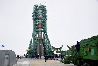 A Russian Soyuz rocket carrying the Progress 80 cargo ship (also known as MS-19) stands atop the Vostok Launch Complex at Baikonur Cosmodrome, Kazakhstan ahead of a its planned launch on Feb. 14, 2022.