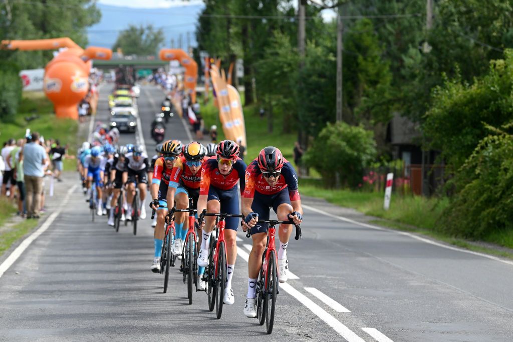 BIELSKOBIALA POLAND AUGUST 02 A general view of Thymen Arensman of The Netherlands and Laurens De Plus of Belgium and Team INEOS Grenadiers and a general view of the peloton competing during the 80th Tour de Pologne 2023 Stage 5 a 1988km stage from Pszczyna to BielskoBiala 430m UCIWT on August 02 2023 in BielskoBiala Poland Photo by Dario BelingheriGetty Images
