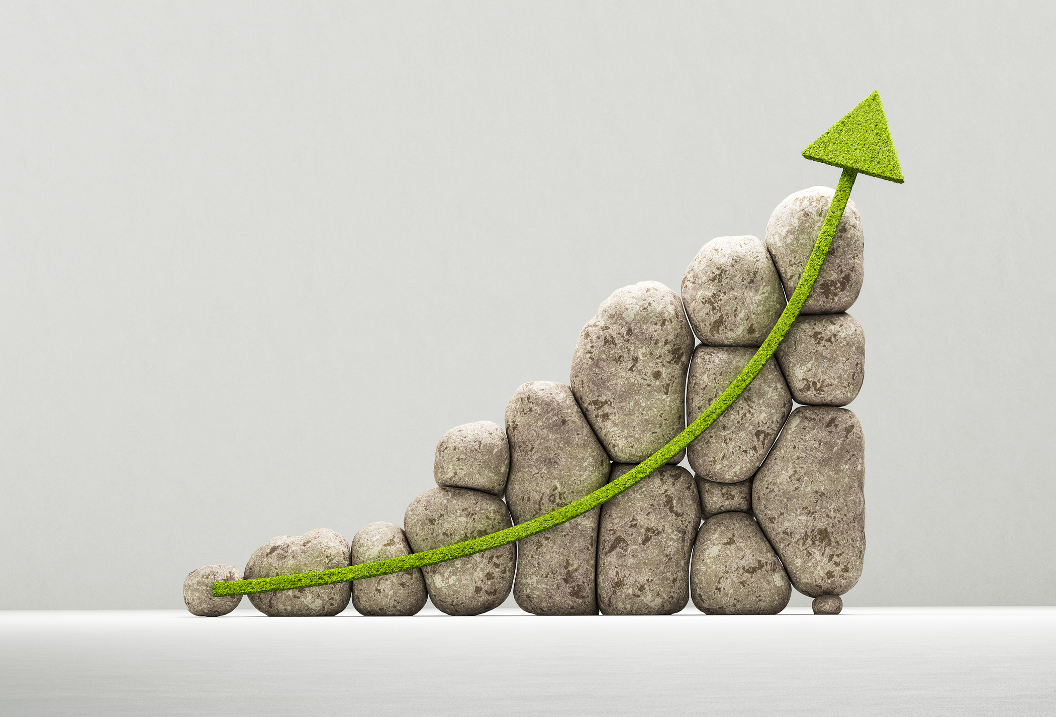 upward arrow of grass rising from well stacked rocks
