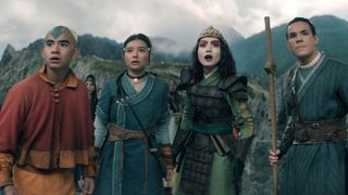 Avatar: The Last Airbender. (L to R) Gordon Cormier as Aang, Kiawentiio Tarbell as Katara, Maria Zhang as Suki, Ian Ousley as Sokka in season 2 of Avatar: The Last Airbender. Cr. Courtesy of Netflix © 2026