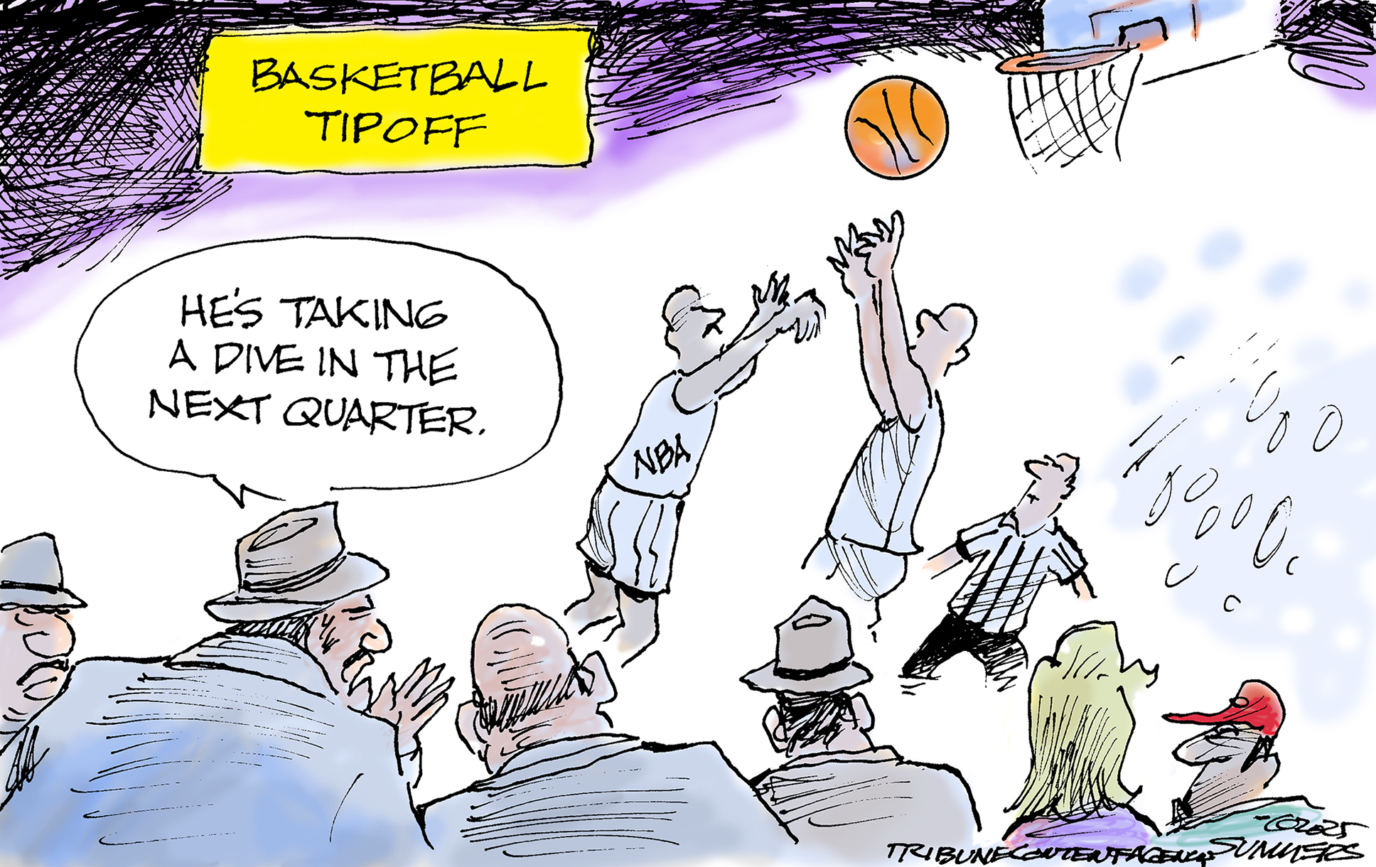 A political cartoon titled "BASKETBALL TIPOFF" depicts four men dressed like stereotypical gangsters in the crowd at an NBA game. One of the men wears a fedora and whispers to another, "He's taking a dive in the next quarter."