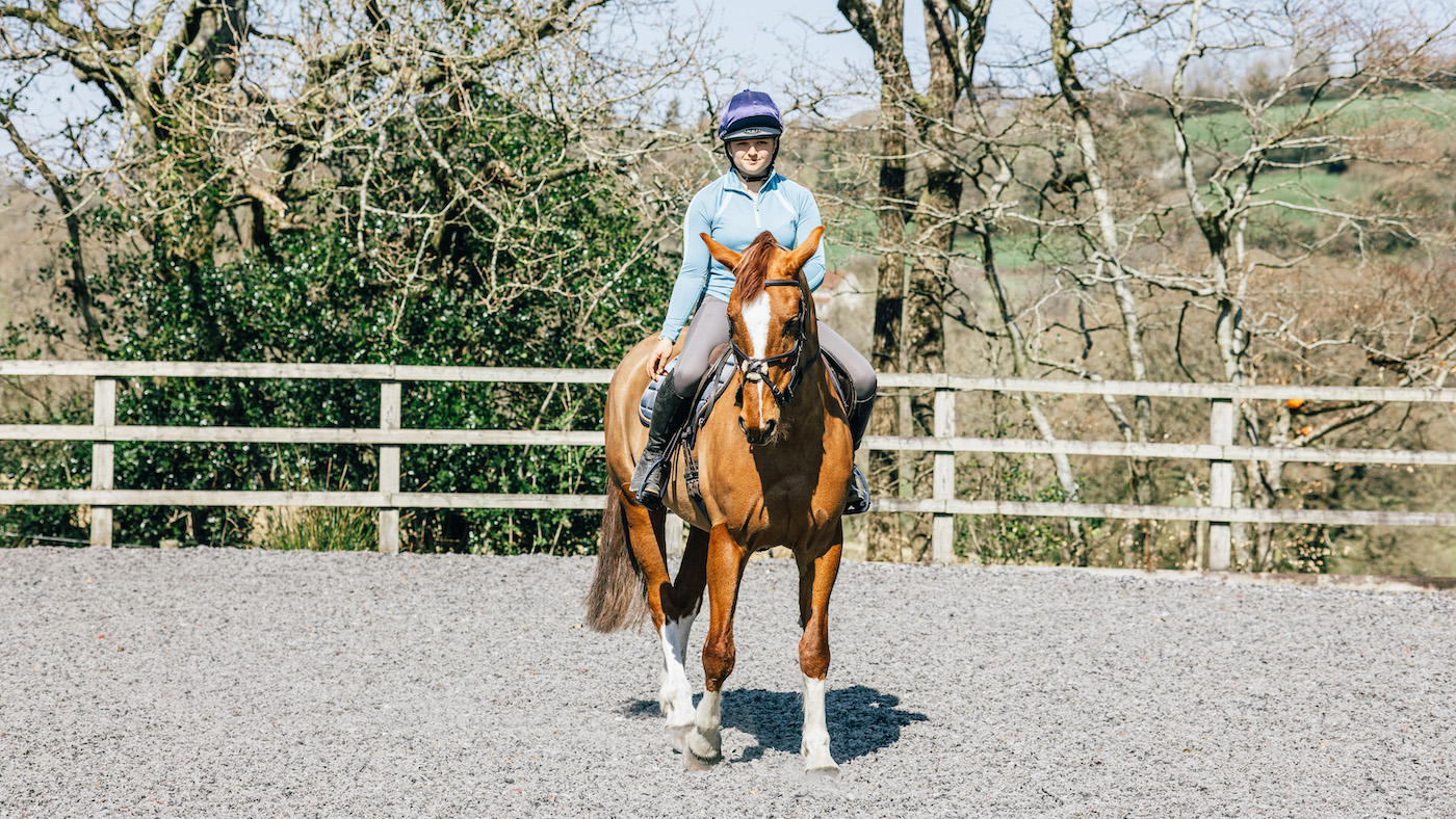 Rider on chestnut horse riding with one hand, an exercise in how to hold the reins