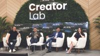 On the &ldquo;State of the Creator Economy&rdquo; panel (left to right): Drew Baldwin, Tubefilter; Pierre-Lo&iuml;c Assayag, Traackr; Alessandro Bogliari, The Influencer Marketing Factory; and moderator Natalie Jarvey, Ankler Media. (Image credit: NAB)