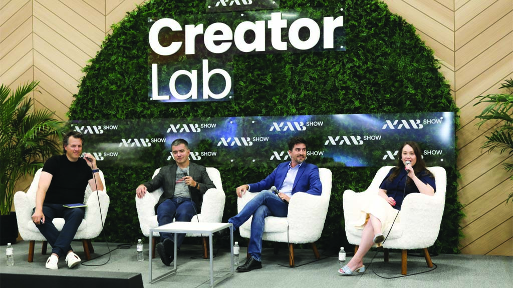 On the &ldquo;State of the Creator Economy&rdquo; panel (left to right): Drew Baldwin, Tubefilter; Pierre-Lo&iuml;c Assayag, Traackr; Alessandro Bogliari, The Influencer Marketing Factory; and moderator Natalie Jarvey, Ankler Media. (Image credit: NAB)
