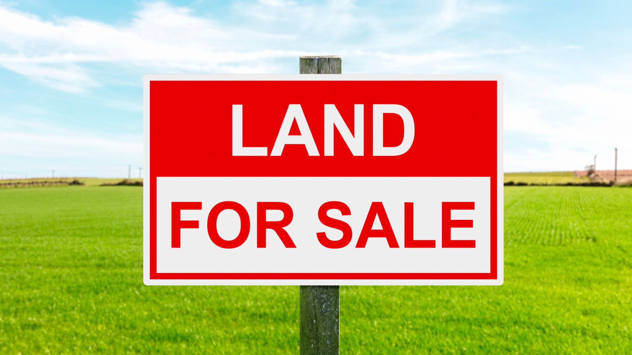 A Land For Sale sign on a vacant lot.