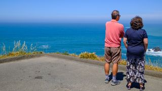 A couple looking out at the California coast.