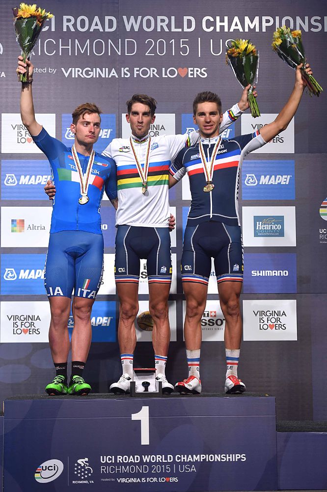 Kevin Ledanois (France) tops the U23 men's road race podium at the World Championships