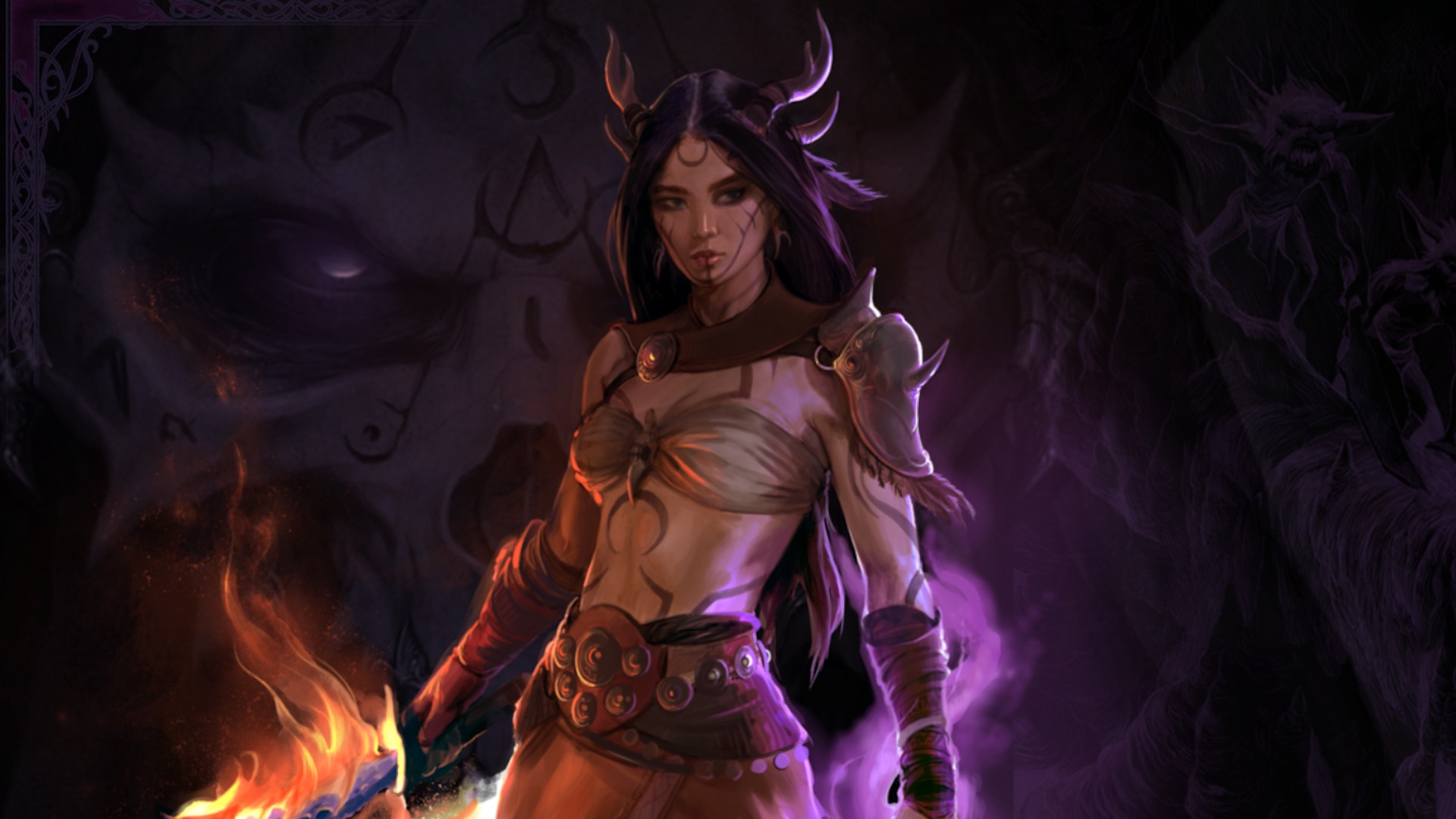 Darkhaven witch in orange and purple flames