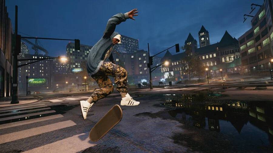 En skater laver tricks i skumringen i Tony Hawk's Pro Skater 1 + 2