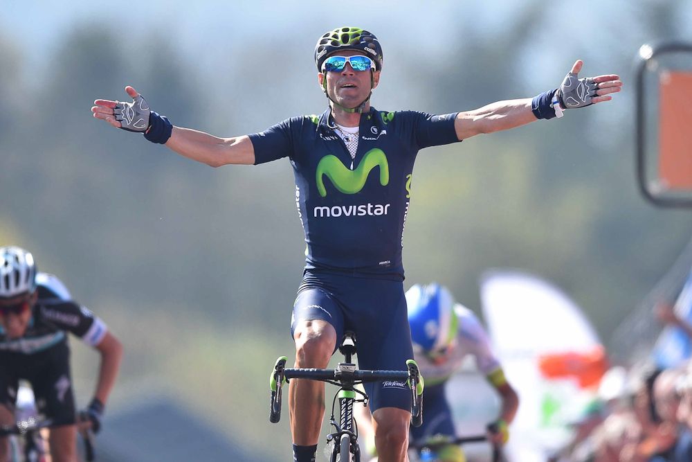 Alejandro Valverde (Movistar) celebrates his second consecutive Fleche Wallonne win.