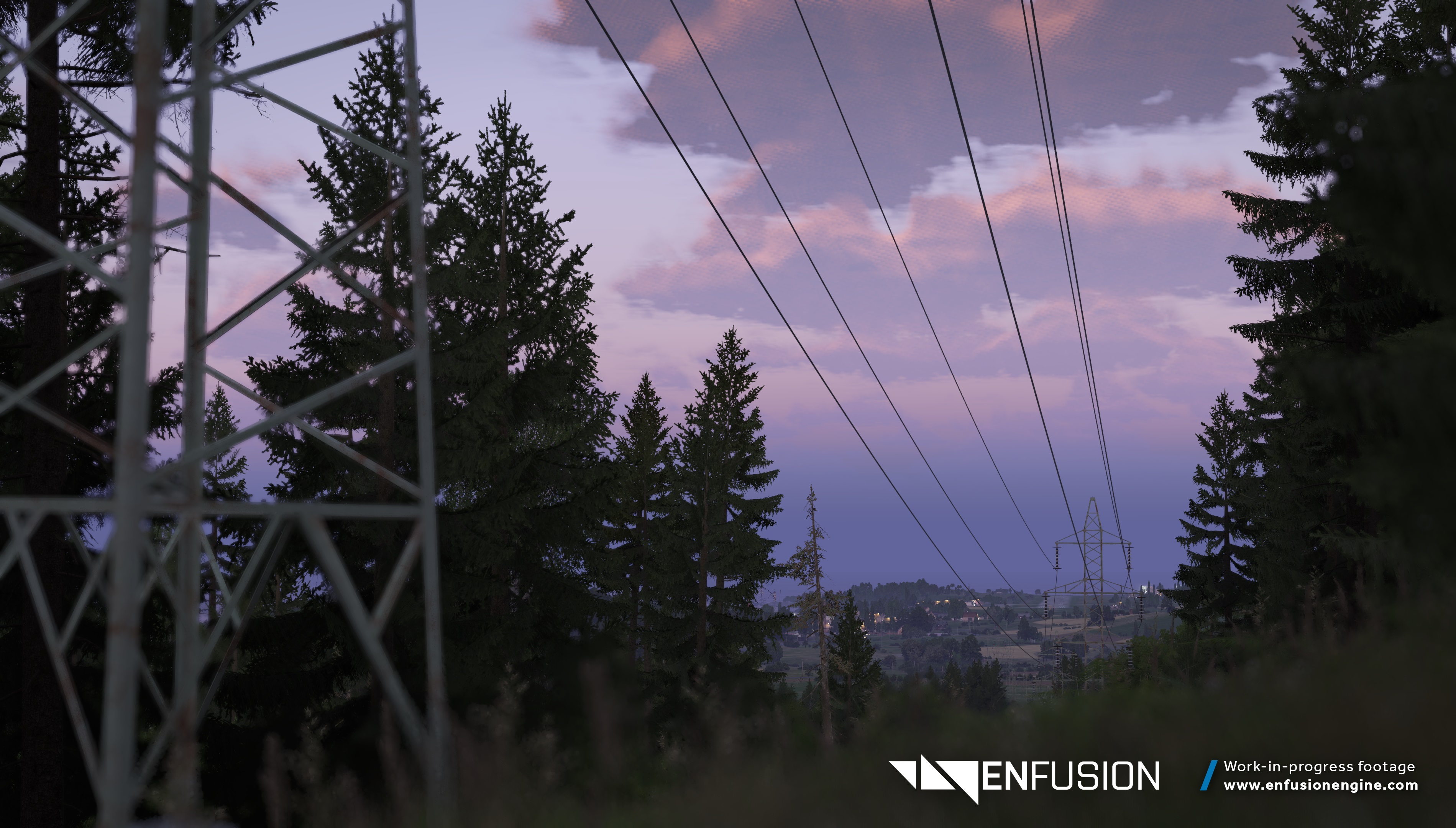 powerlines and wooded hills