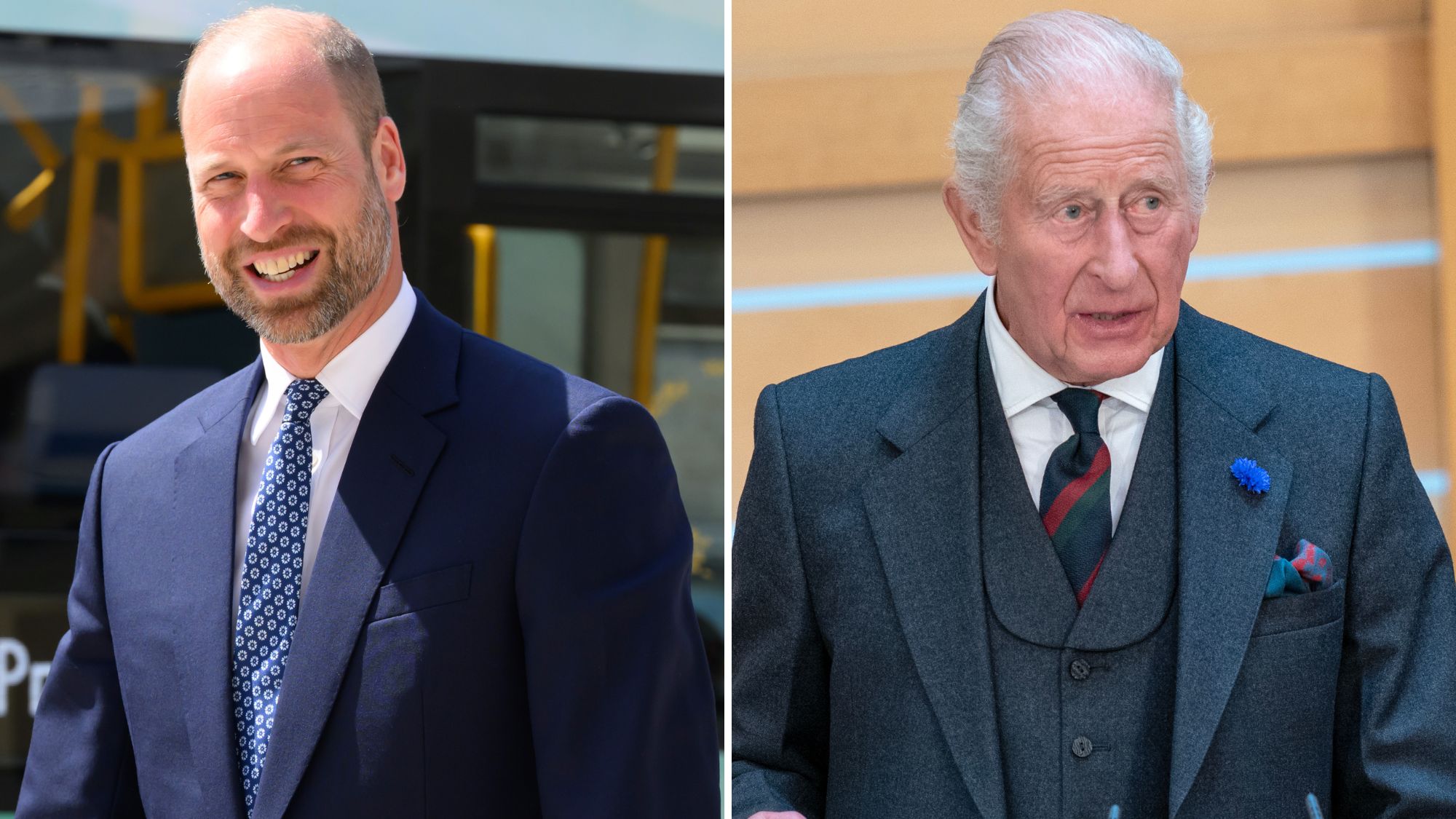 A composite of Prince William in London in June 2026 and King Charles in Scotland in June 2026