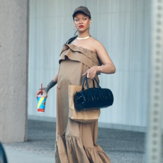 Rihanna wears Saint Laurent beige dress