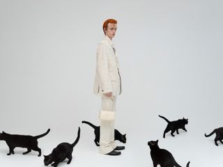 Man in Marni suit surrounded by cats