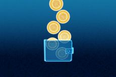 A representation of cryptocurrency coins falling into a digital wallet.