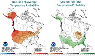The December, January and February average for temperature (left) and precipitation (right).