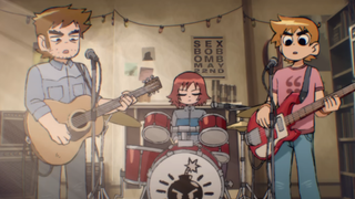 Scott Pilgrim's band, who 'suck', practice their latest song in a ramshackle house.