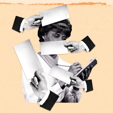 A digital collage of a Black woman taking notes, lots of hands are giving her more work.